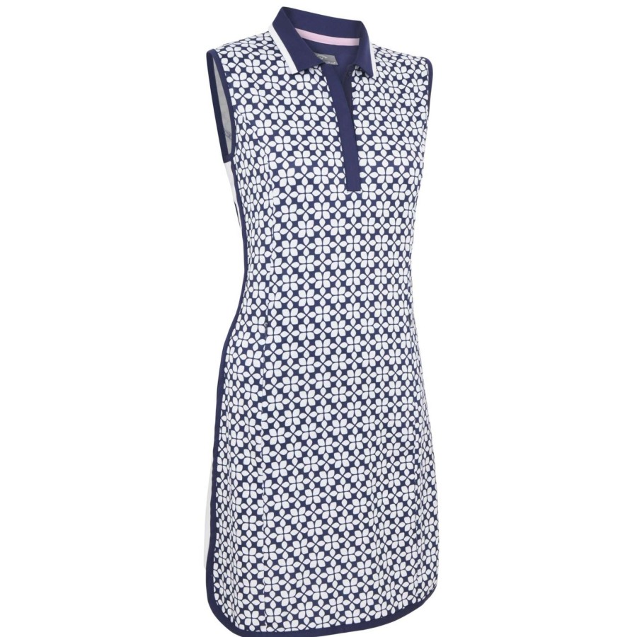 Polo Shirts * | Callaway Ladies Geo Printed S/L Golf Polo Dress Cgdkc014 Peacoat 410