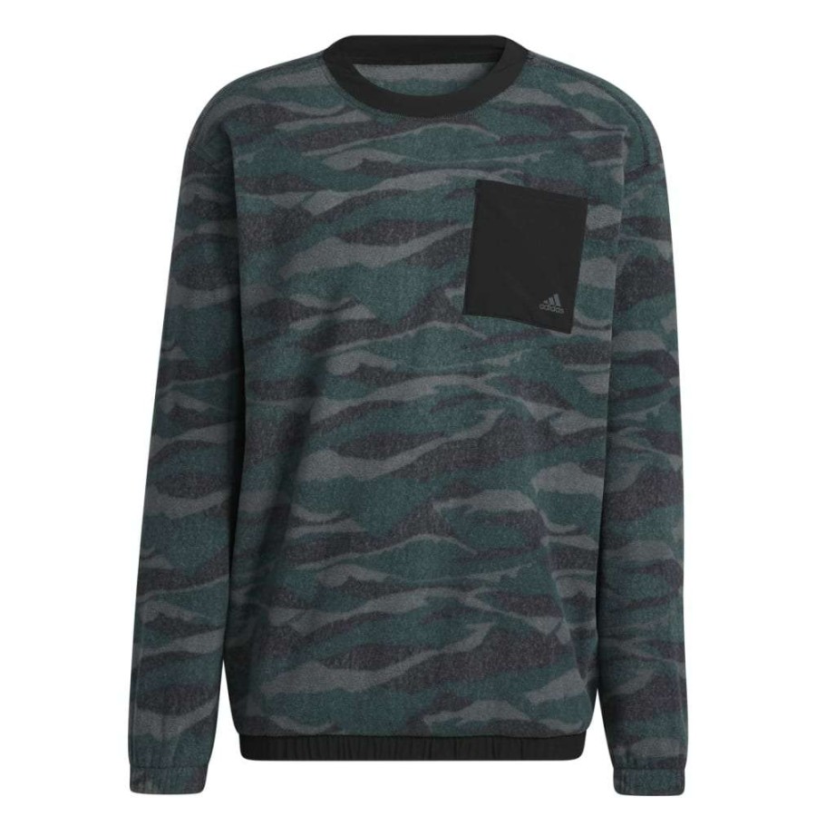 Mid Layers * | Adidas Texture Print Crew Neck Golf Pullover Hf6523 Black/Grey Six/Shadow Green