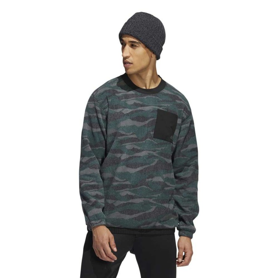 Mid Layers * | Adidas Texture Print Crew Neck Golf Pullover Hf6523 Black/Grey Six/Shadow Green