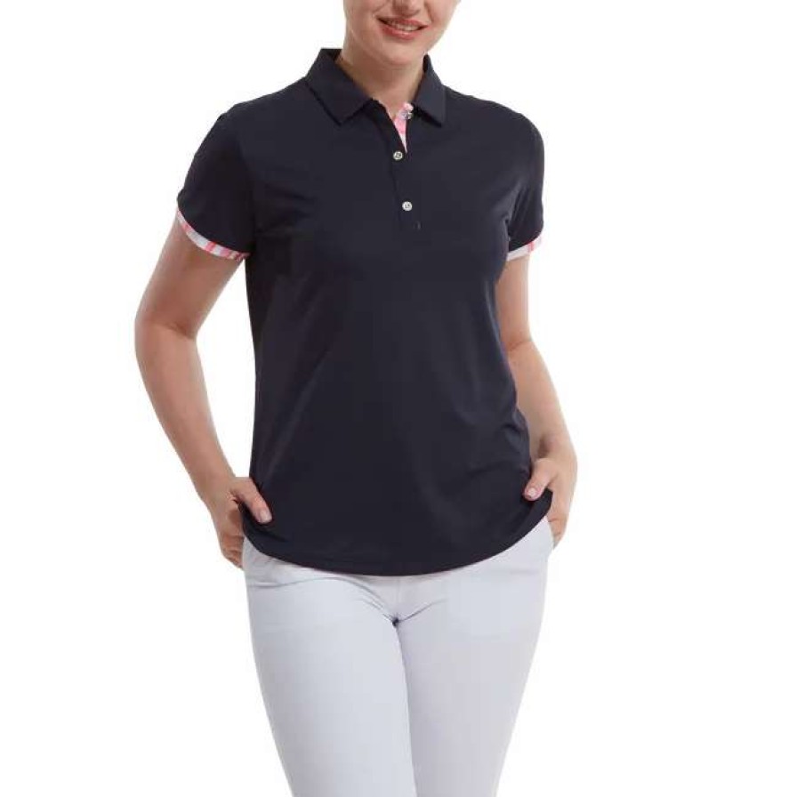 Polo Shirts * | Footjoy Ladies Watercolour Trim Pique Golf Polo Shirt 88486 Navy