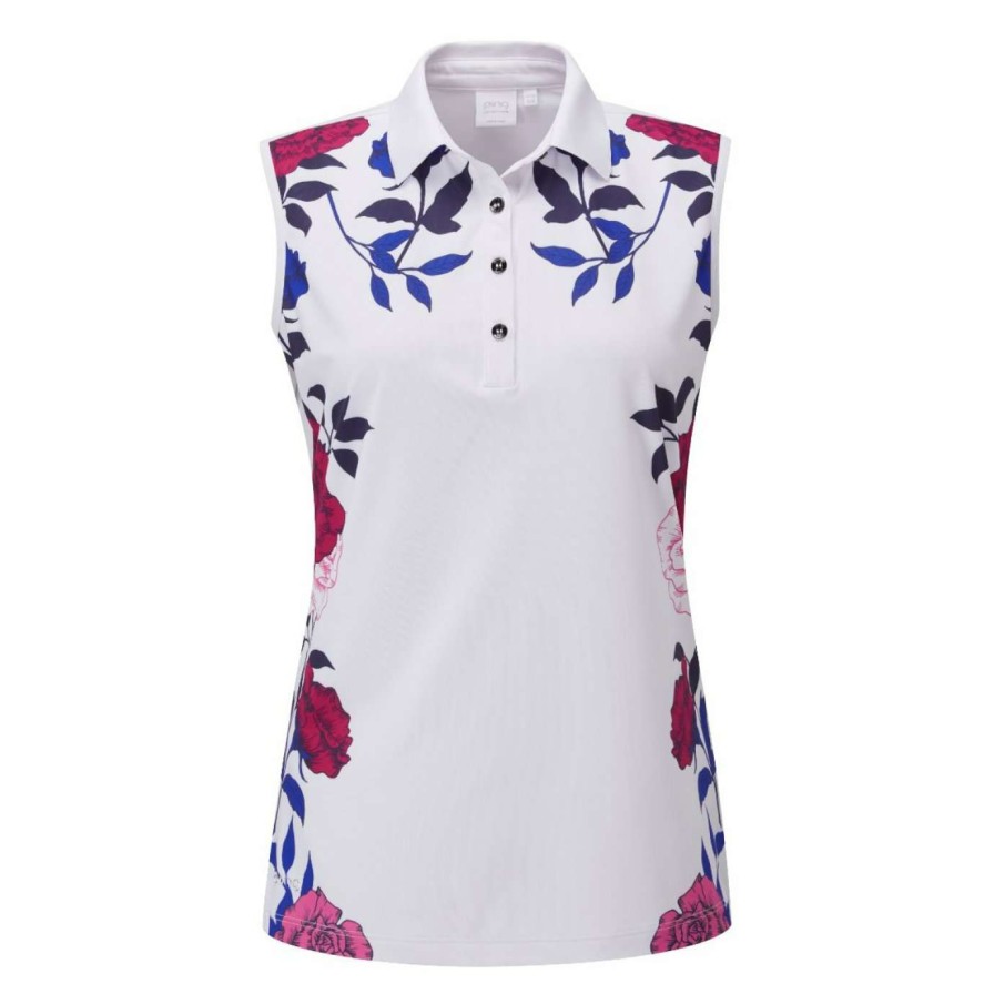 Polo Shirts * | Ping Ladies Rose Garden Sleeveless Golf Polo Shirt P93524 White/Pink Multi Wp01