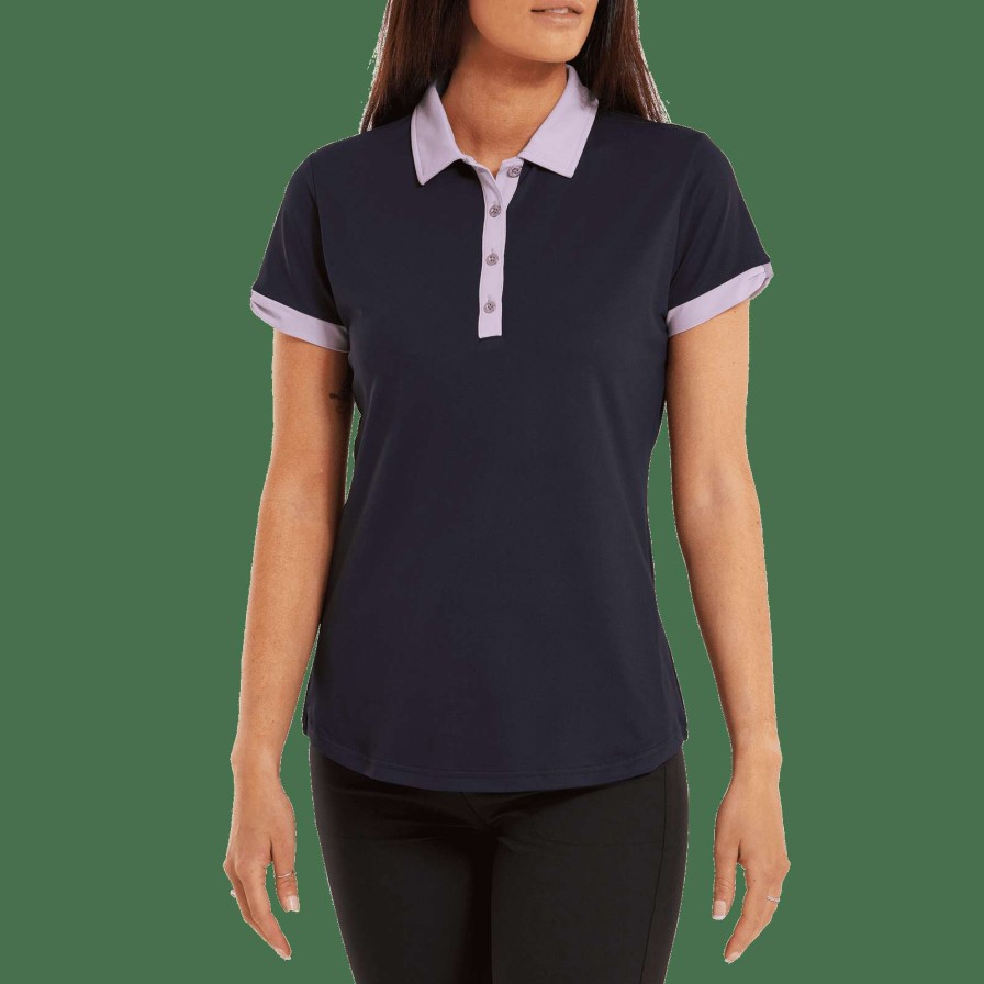 Polo Shirts * | Footjoy Ladies Colour Block Golf Polo Shirt 80170 Navy