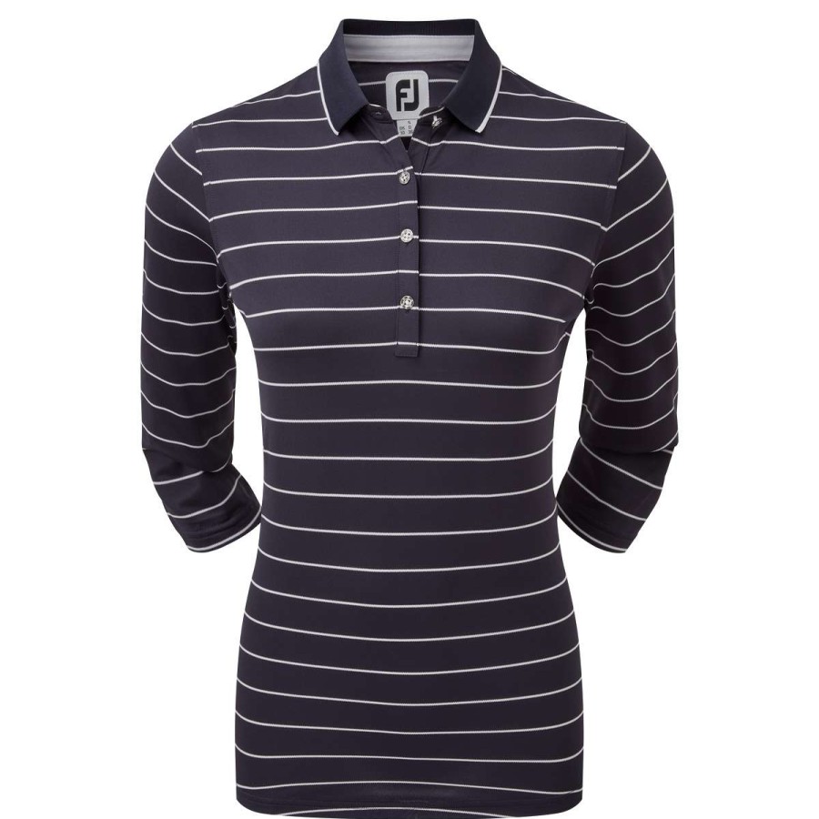 Polo Shirts * | Footjoy Ladies 3/4 Sleeve Pinstripe Pique Golf Polo Shirt 88460 Navy/White