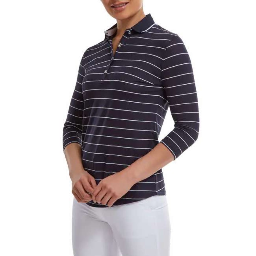 Polo Shirts * | Footjoy Ladies 3/4 Sleeve Pinstripe Pique Golf Polo Shirt 88460 Navy/White