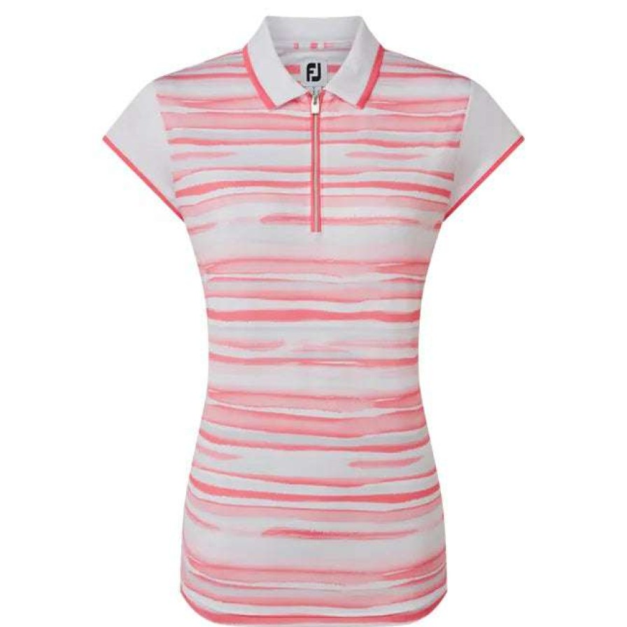 Polo Shirts * | Footjoy Ladies Cap Sleeve Colour Block Lisle Golf Polo Shirt 88466 Bright Coral