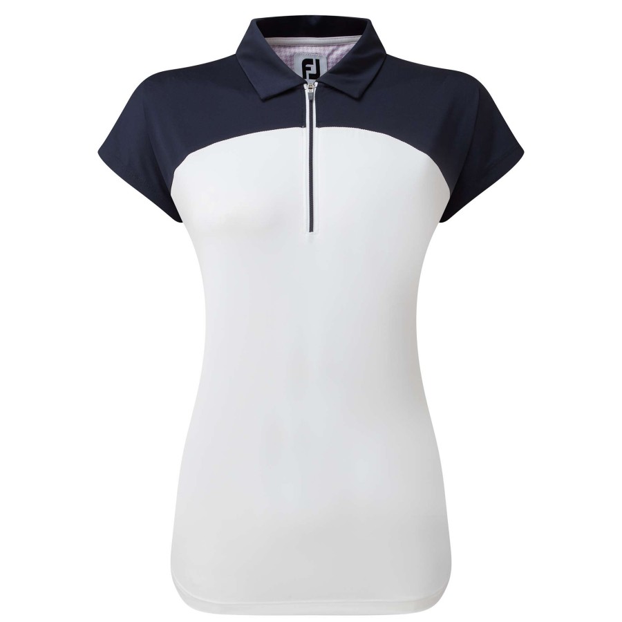 Polo Shirts * | Footjoy Ladies Cap Sleeve Colour Block Golf Polo Shirt 80176 Navy/White