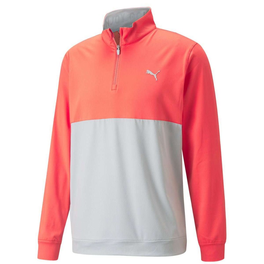 Mid Layers * | Puma Gamer Colour Block 1/4 Zip Golf Top 532985 High Coral/High Rise 05